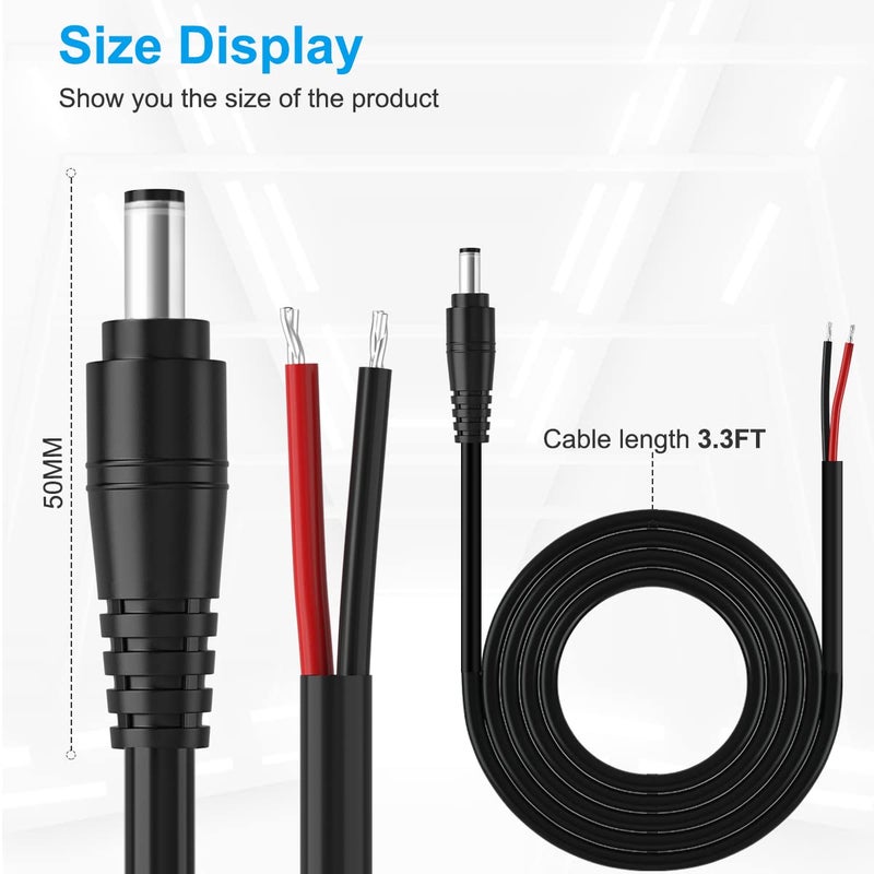 SIOCEN DC Power Pigtail Cable,16AWG DC Plug Barrel Connector Male 2.1mm x 5.5mm Male Plug to Bare Wire Open End Power Wire Supply Repair Cord for CCTV Security Camera,12V 24V 36V Adapter 3ft (16AWG) - Image 5